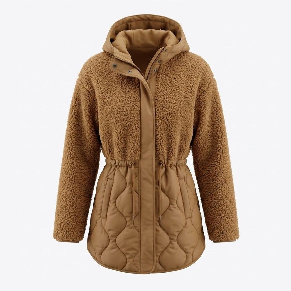 Old Navy Womens XS Brown Sherpa Quilted Hybrid Hooded Parka Jacket Cinch Waist